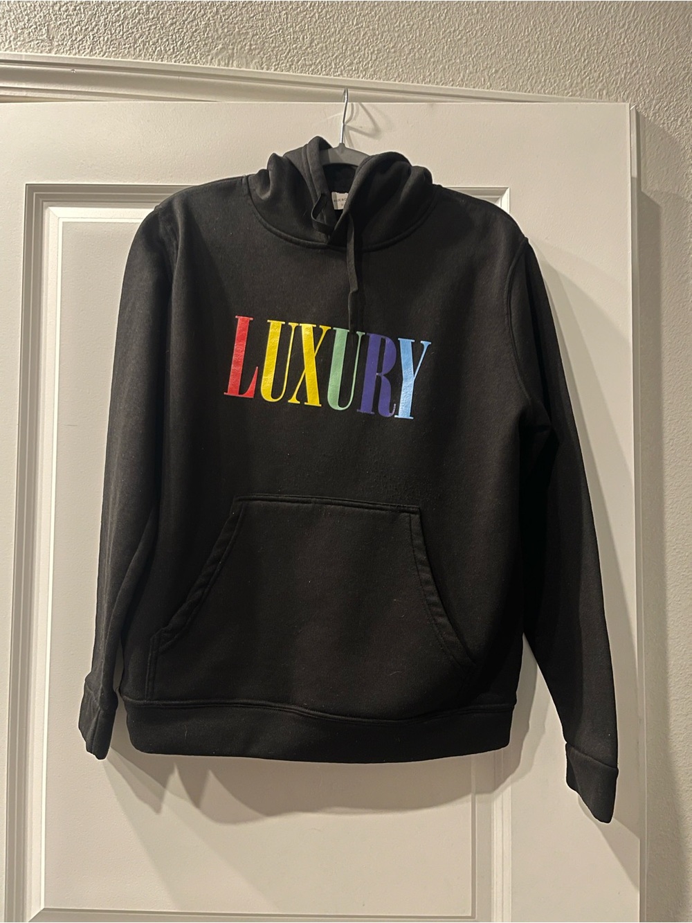 Men's Black Crewneck Hoodie Sweater with Rainbow 'LUXURY' Logo